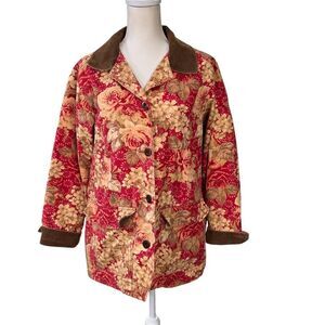 Vintage L.L. Bean Women's Floral Button-Up Barn Chore Coat Corduroy Trim Size M
